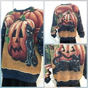 HALLOWEEN Fall TAPESTERY Sweater Shirt BLACK cat L